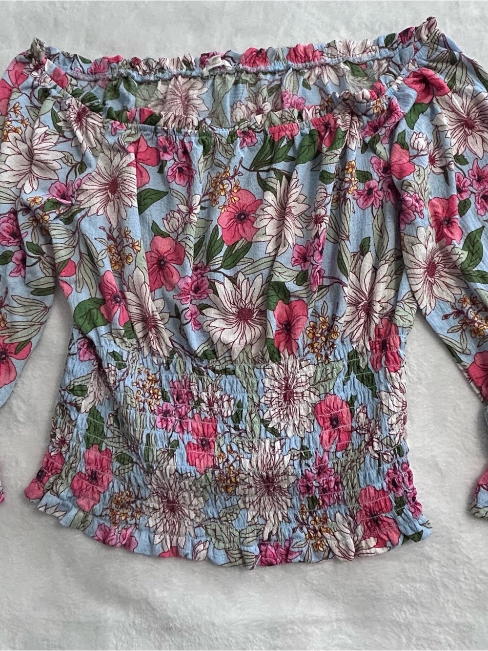 S.C Society Floral Off Shoulder Crop Top Women’s Large Pink Blue Smocked
